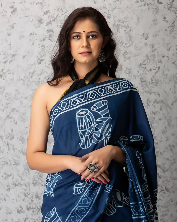 Indigo_Cotton_Dhol_Hblock_Print_Mulmul_Saree_For_Women